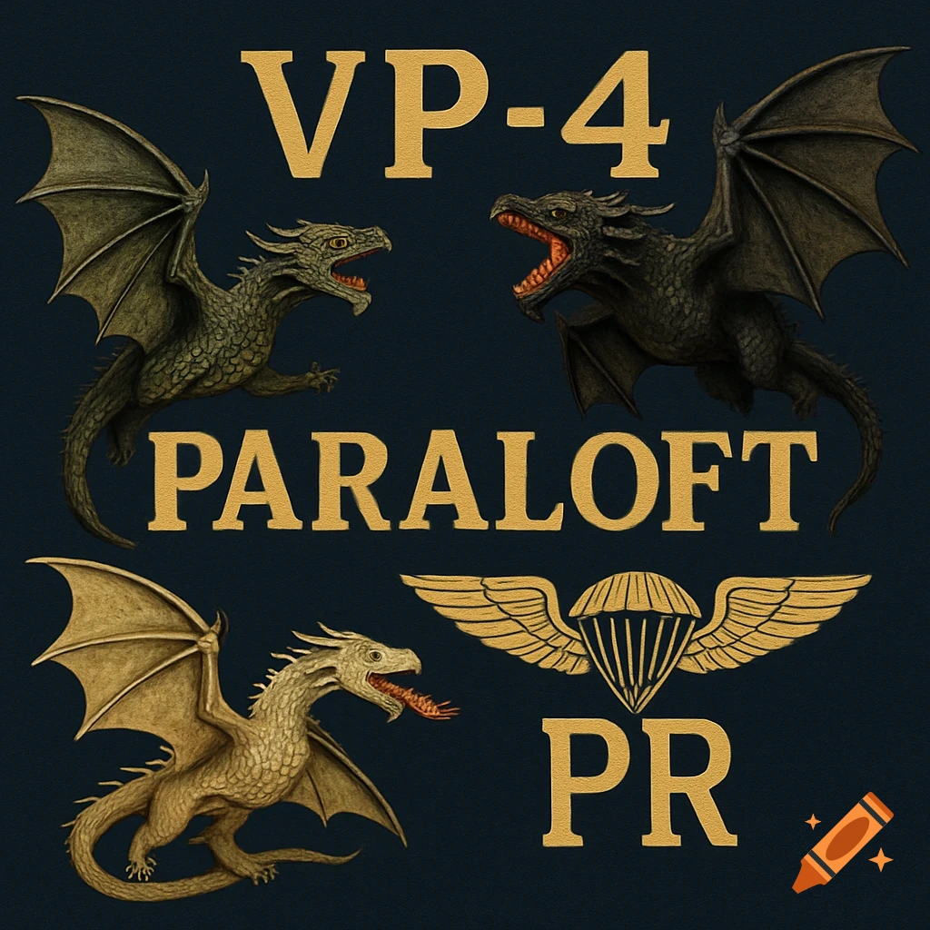 Gold text "VP-4 PARALOFT PR" on dark blue, surrounded by green, black, and gold dragons, with a winged parachute symbol.