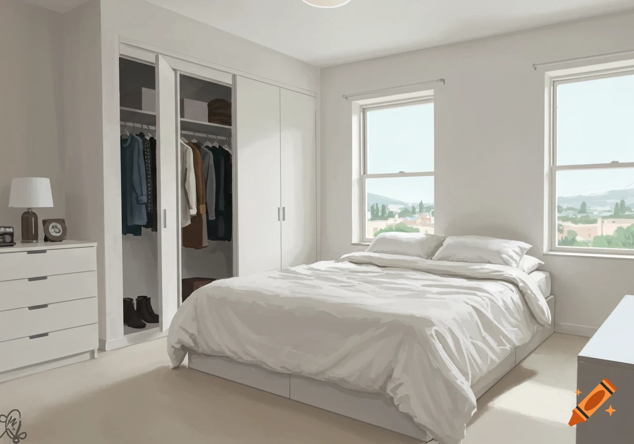 A bright, minimalist white bedroom with a queen-sized bed, an open closet, a dresser, and two windows overlooking a cityscape.