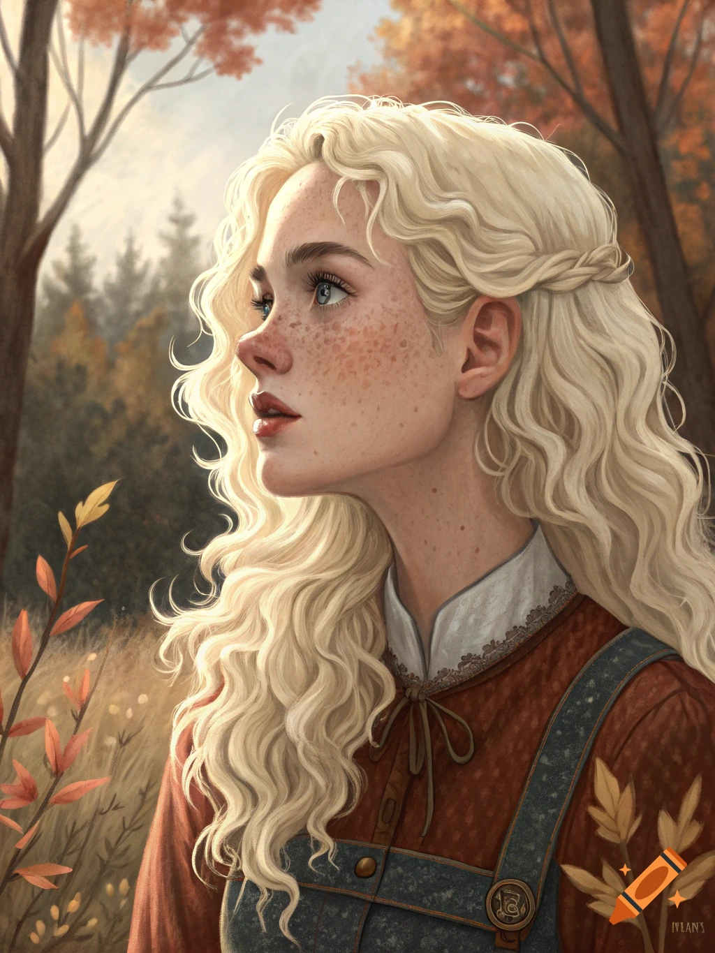 A young woman with long blonde curly hair and freckles gazes upward in an autumn forest.
