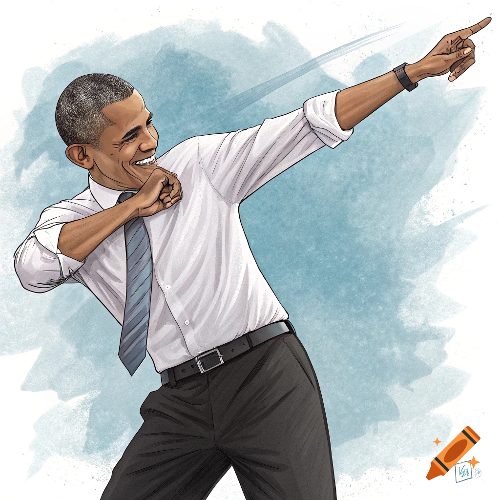 Barack Obama dabs and smiles in an illustration, wearing a white shirt and tie, with a blue watercolor background.
