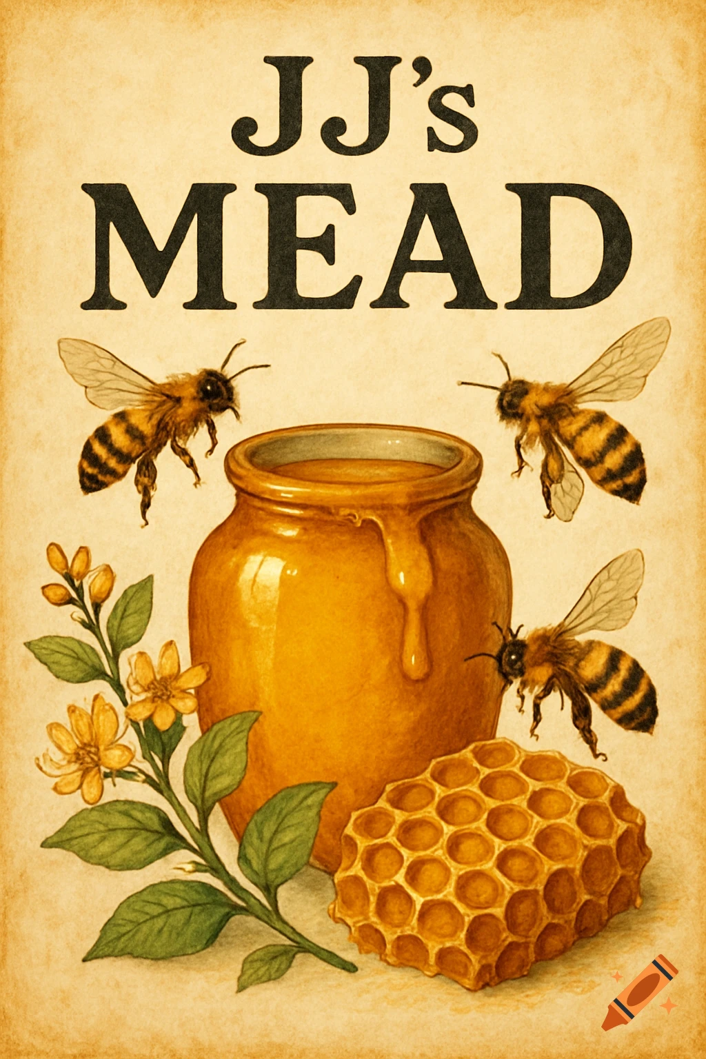 Vintage illustration of a 'JJ's MEAD' label featuring a honey pot, bees, and flowers on a textured background.