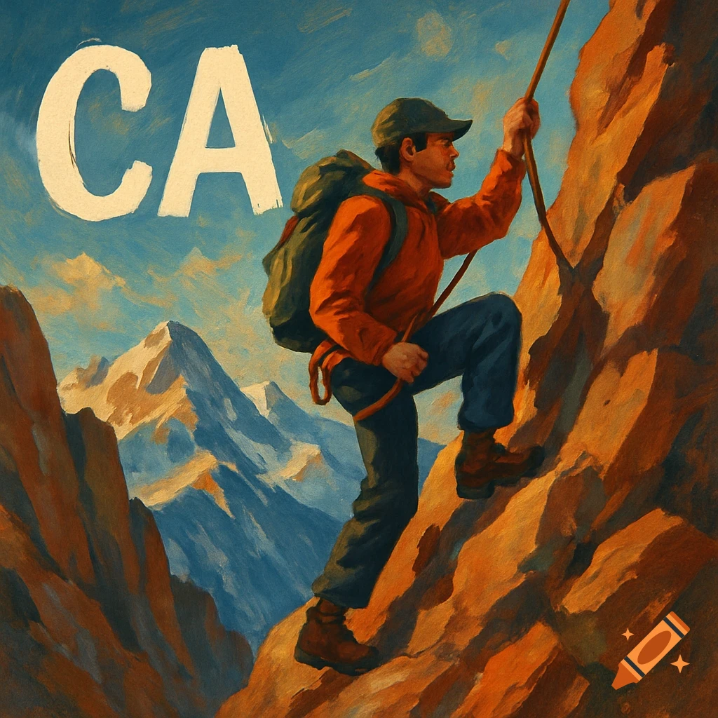 A man with a backpack climbs a rocky mountain face, holding a rope, with snow-capped peaks in the background, in a painterly style, with "CA" text.