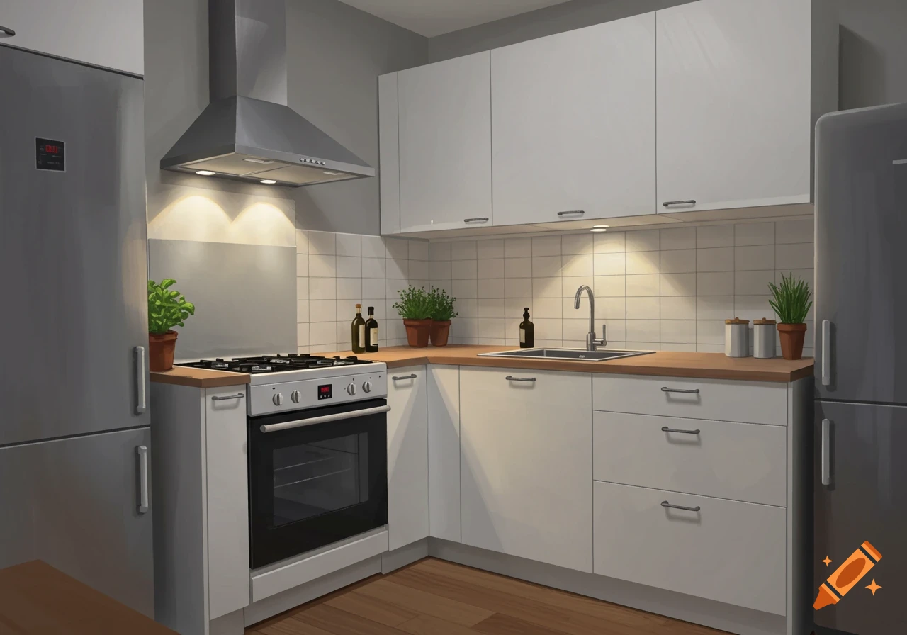 A clean, modern kitchen with white cabinets, a wooden countertop, and stainless steel appliances.