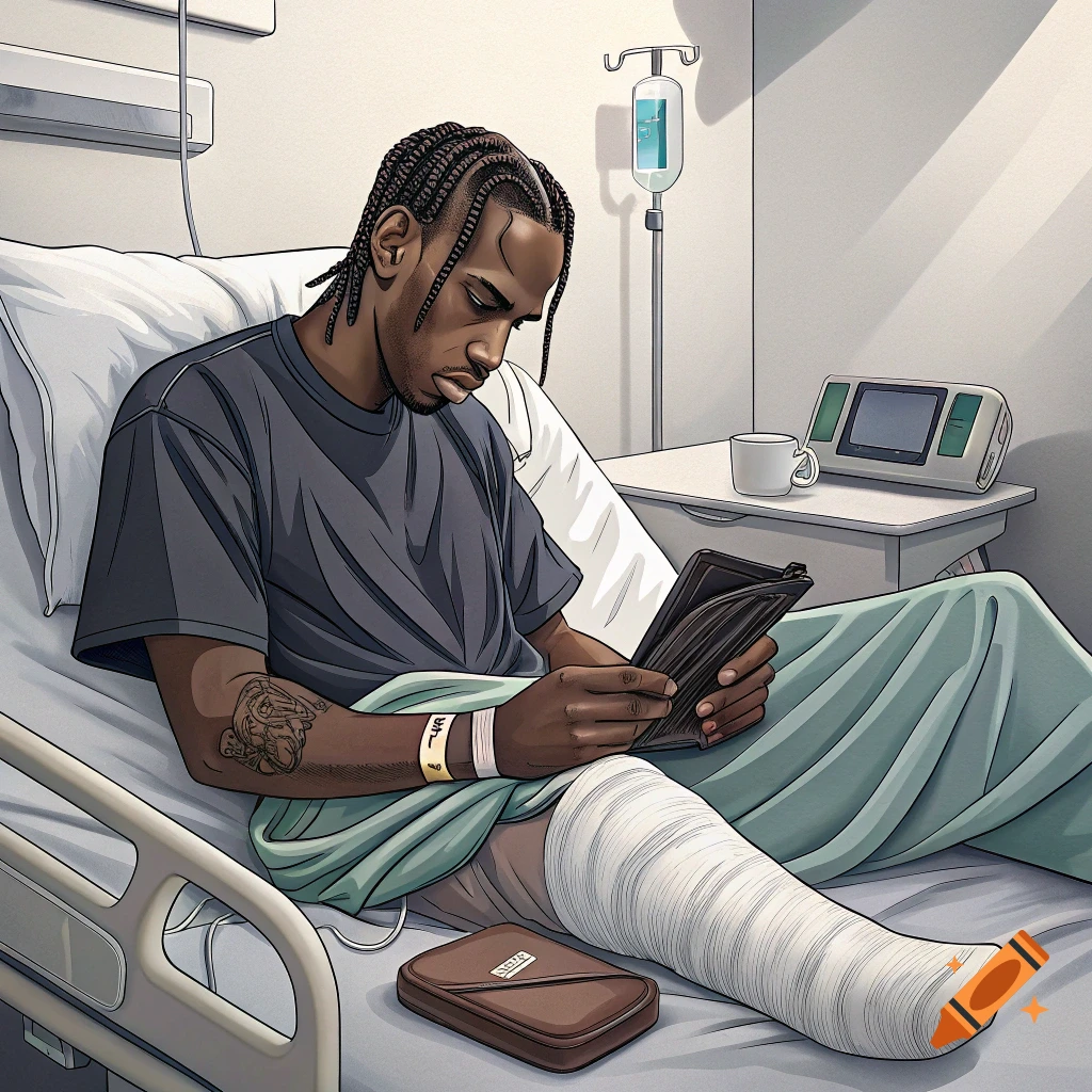 An illustrated image of a Black man with braided hair lying in a hospital bed with a cast on his right leg, looking into a wallet. An IV drip and medical monitor are in the background.