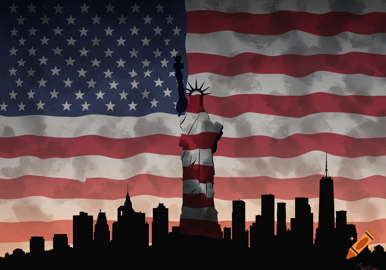 Stylized American flag overlaid on Statue of Liberty silhouette rising behind New York City skyline at sunset.
