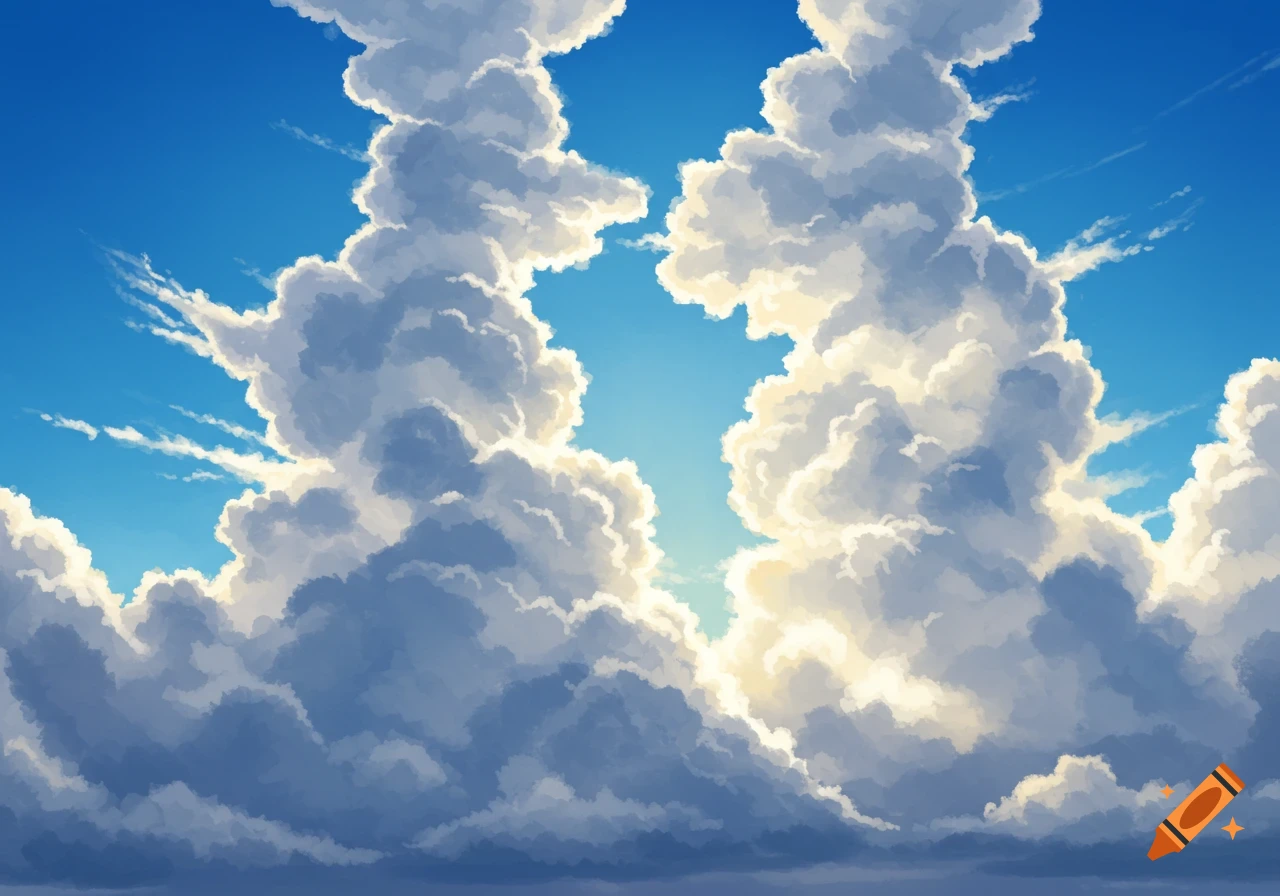 Anime-style illustration of large, white cumulus clouds with golden sunlight peeking through, set against a bright blue sky.