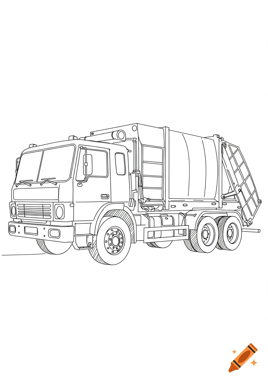 A black and white line drawing of a garbage truck.