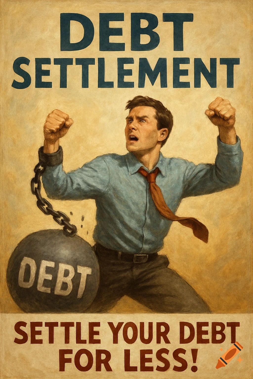 Vintage-style advertisement poster featuring a man chained to a 'DEBT' ball, fists raised, promoting debt settlement.