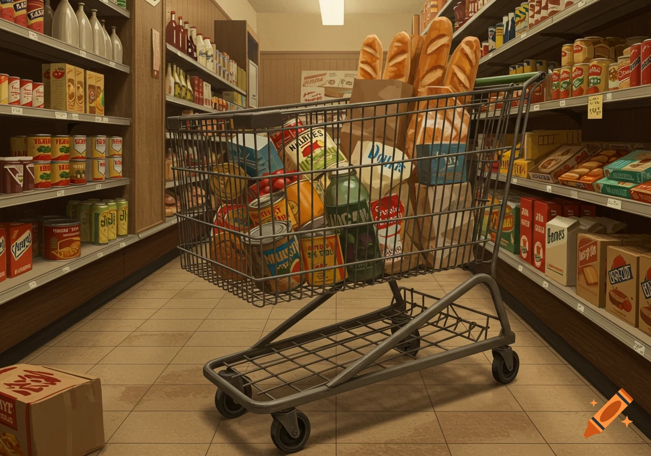 A full shopping cart in a grocery store aisle, rendered in a stylized, illustrative manner.