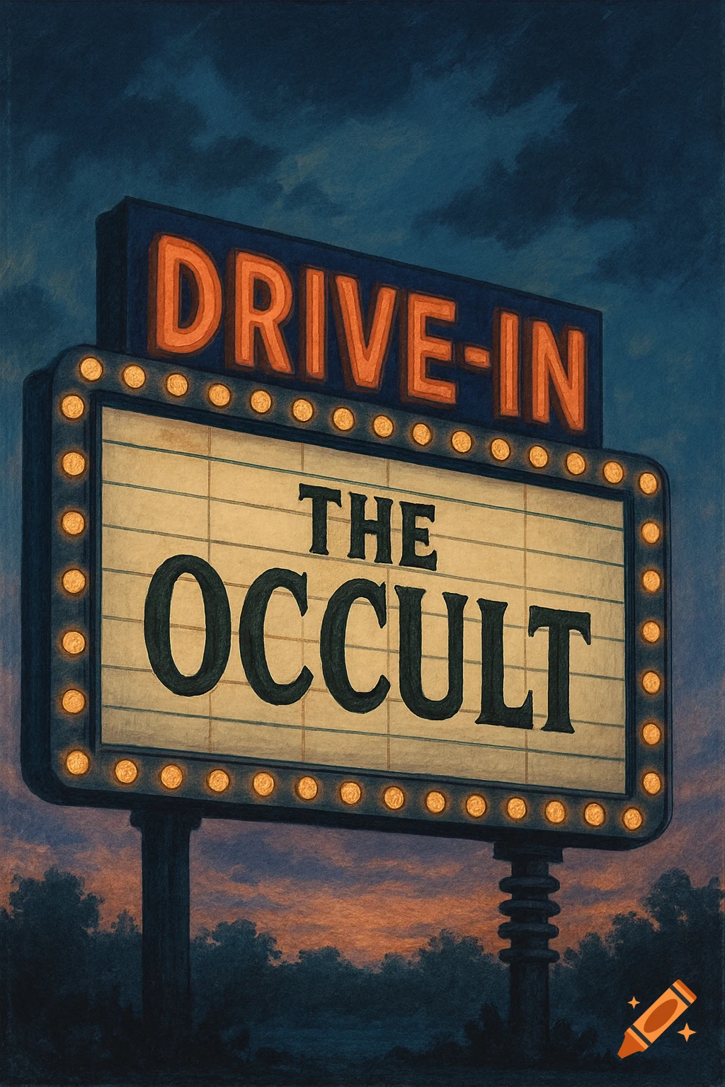 A vintage-style drive-in movie marquee with glowing orange lights spells 'DRIVE-IN' and 'THE OCCULT' against a dark blue and orange sunset sky.