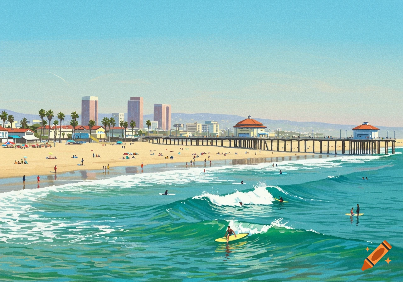 A colorful, stylized illustration of Huntington Beach featuring a pier, surfers, and people on the sandy shore with buildings in the background.