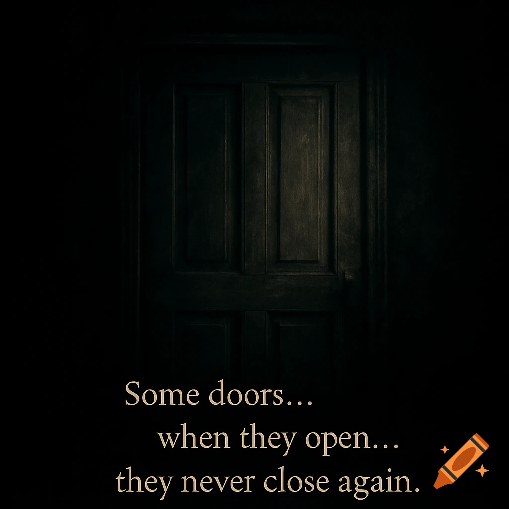 A dark, dimly lit wooden door with the text 'Some doors... when they open... they never close again.' below it, set in a horror, atmospheric style.