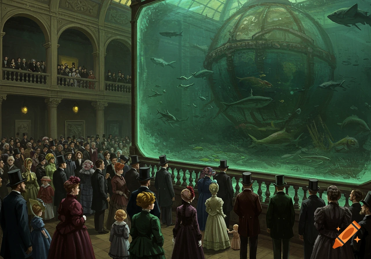 Victorian-era crowd watches a giant glass aquarium tank with murky water and sharks in a grand museum hall.