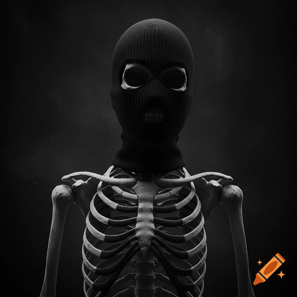 Photorealistic black and white image of a skeleton wearing a black ski mask.