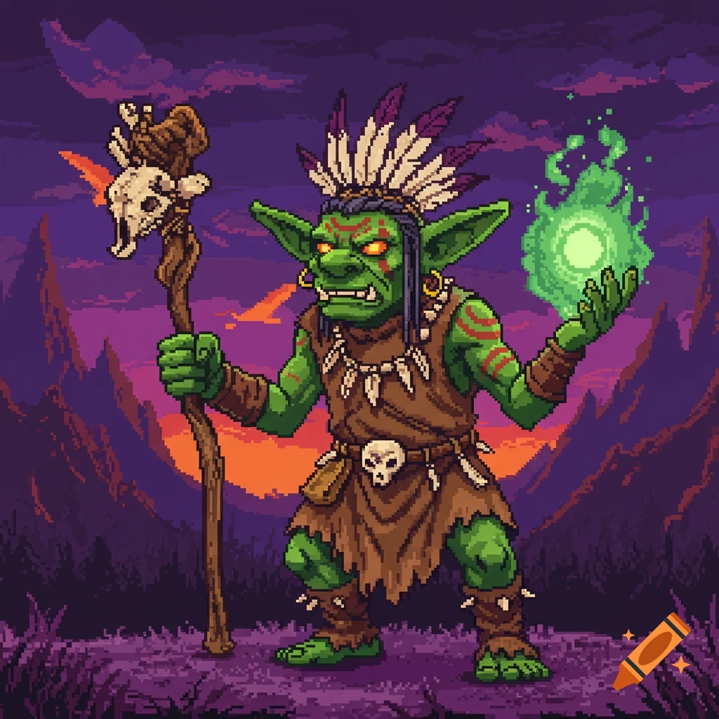 A pixel art goblin shaman with a feathered headdress, tribal paint, and a staff, casting a green spell in a mountainous landscape at sunset.