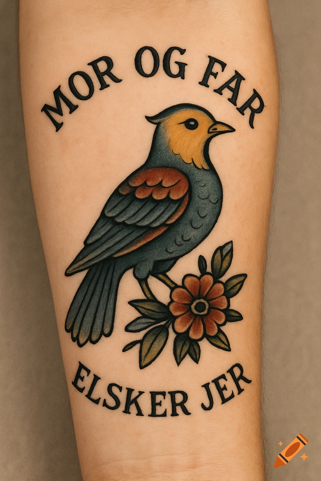 A colorful traditional tattoo of a bird perched on flowers with text 'MOR OG FAR ELSKER JER' on a person's lower arm.