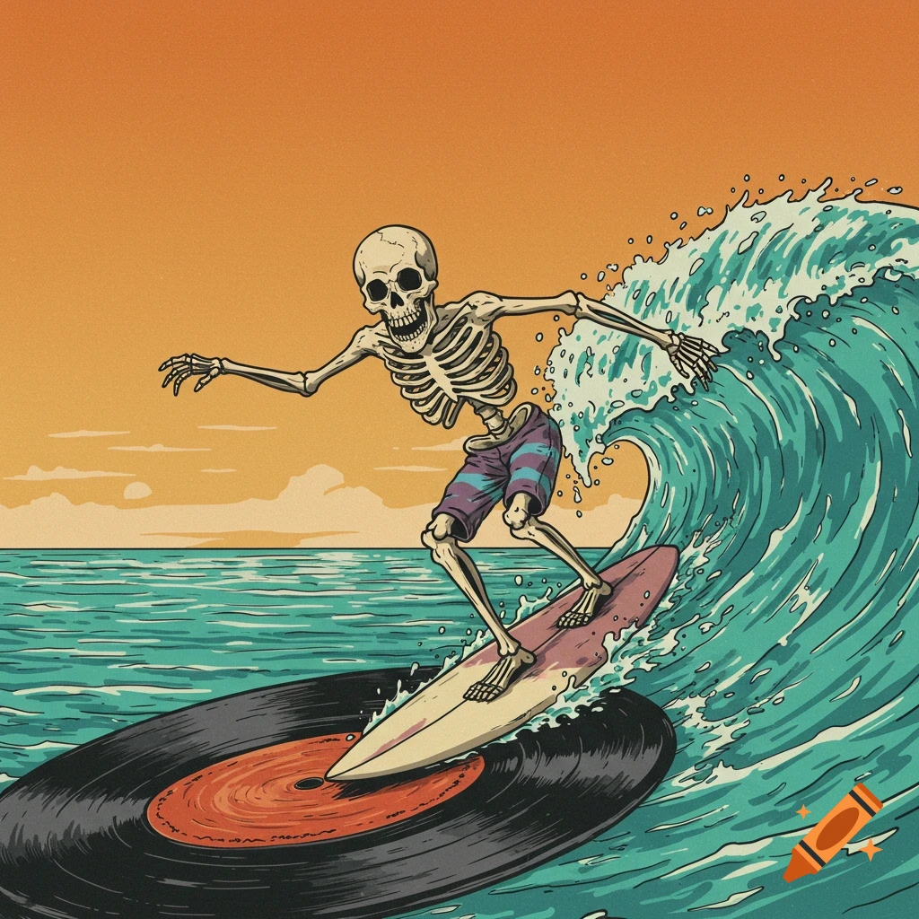 An illustration of a skeleton surfer riding a wave on a large vinyl record, with an orange sunset sky and blue ocean.