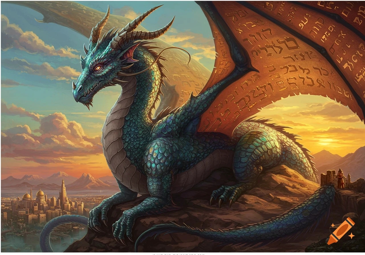 A majestic teal and green dragon rests on a cliff overlooking a city at sunset, its large wings adorned with golden, unreadable glyphs.