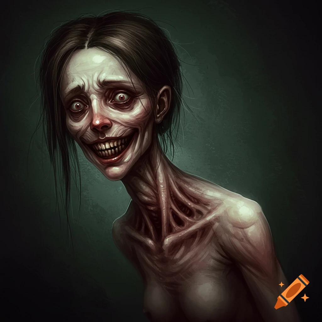 Emaciated, pale woman with a wide, unsettling smile and large, bloodshot eyes staring forward.
