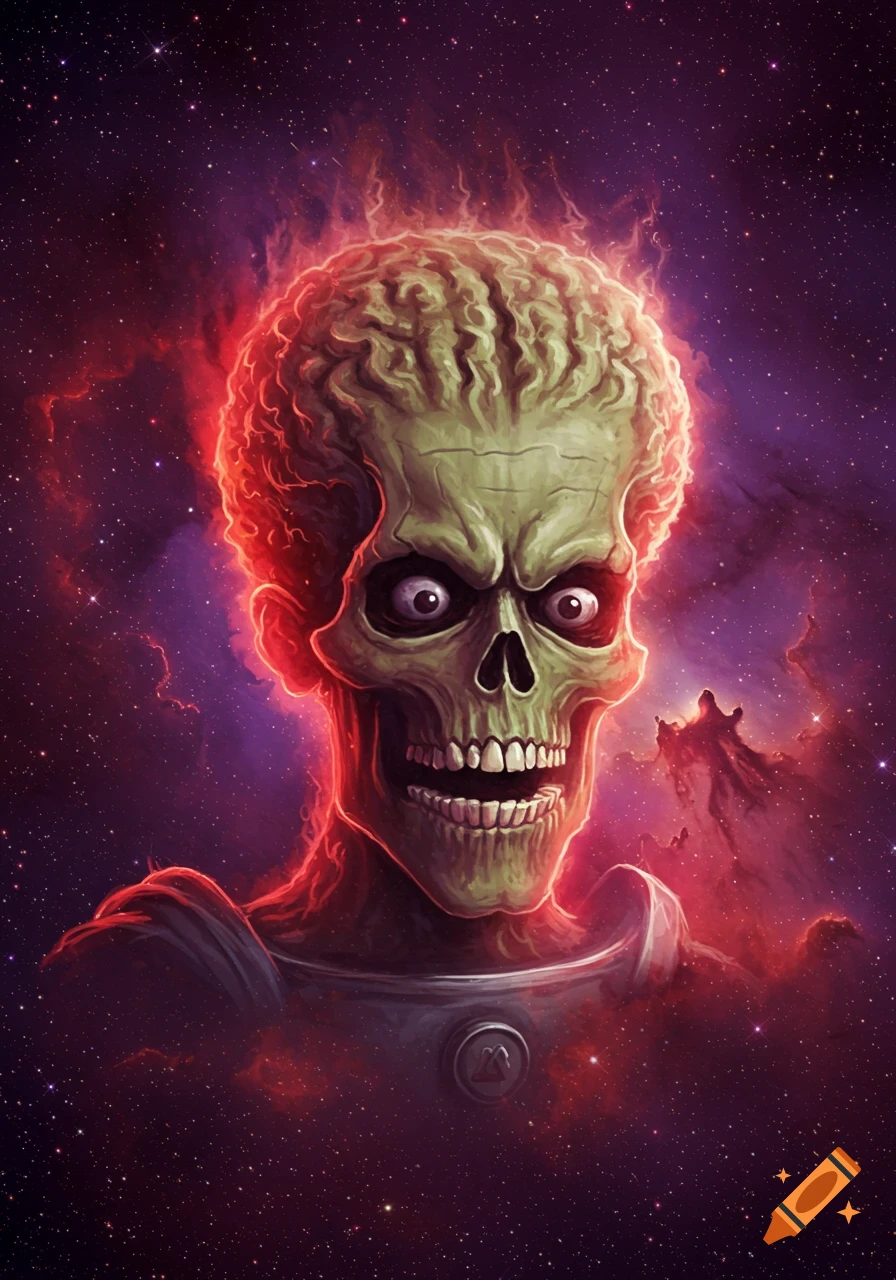 Stylized green-skulled alien with bulging brain and eyes, glowing red energy, against a cosmic purple and red nebula.