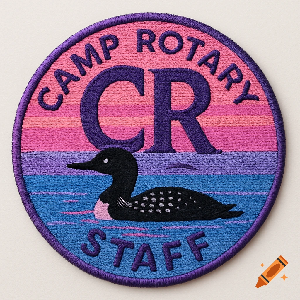 An embroidered circular patch for Camp Rotary staff, featuring a loon swimming in water against a pink, purple, and blue sunset background, with text "CAMP ROTARY CR" and "STAFF".