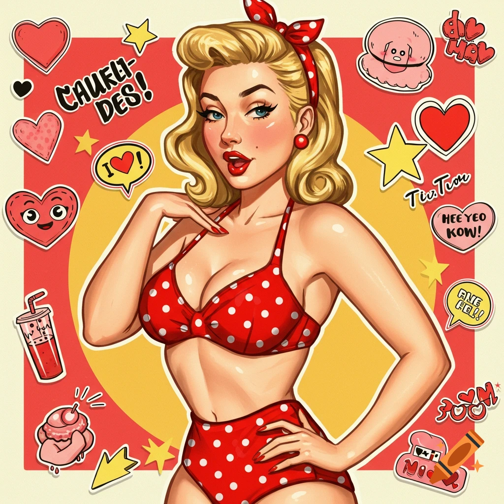 A 50s pin-up woman in a red polka-dot bikini poses amidst colorful retro-style stickers, in a vibrant pop art illustration.