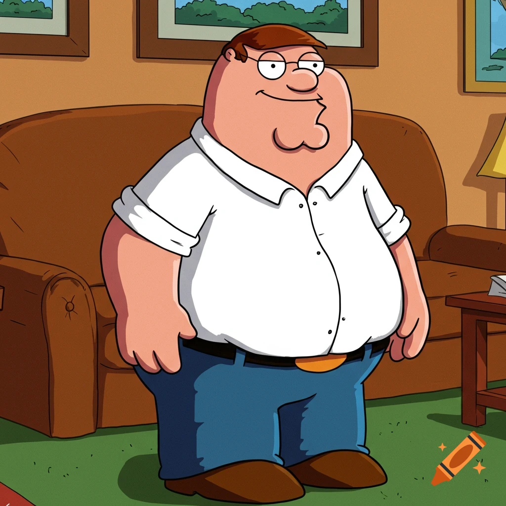 Peter Griffin, a cartoon character, stands in a living room wearing a white shirt and blue jeans.