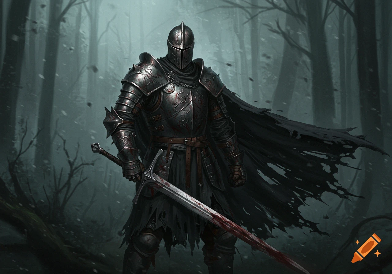 A dark knight in full armor holds a bloodied sword in a misty, dark forest. Digital painting.