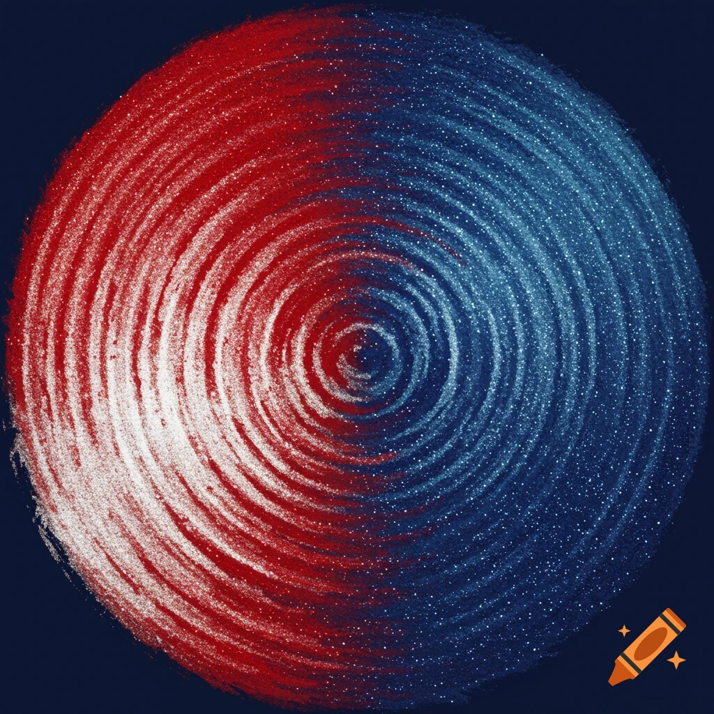 Abstract red and blue swirling circle with textured strokes on a dark background.