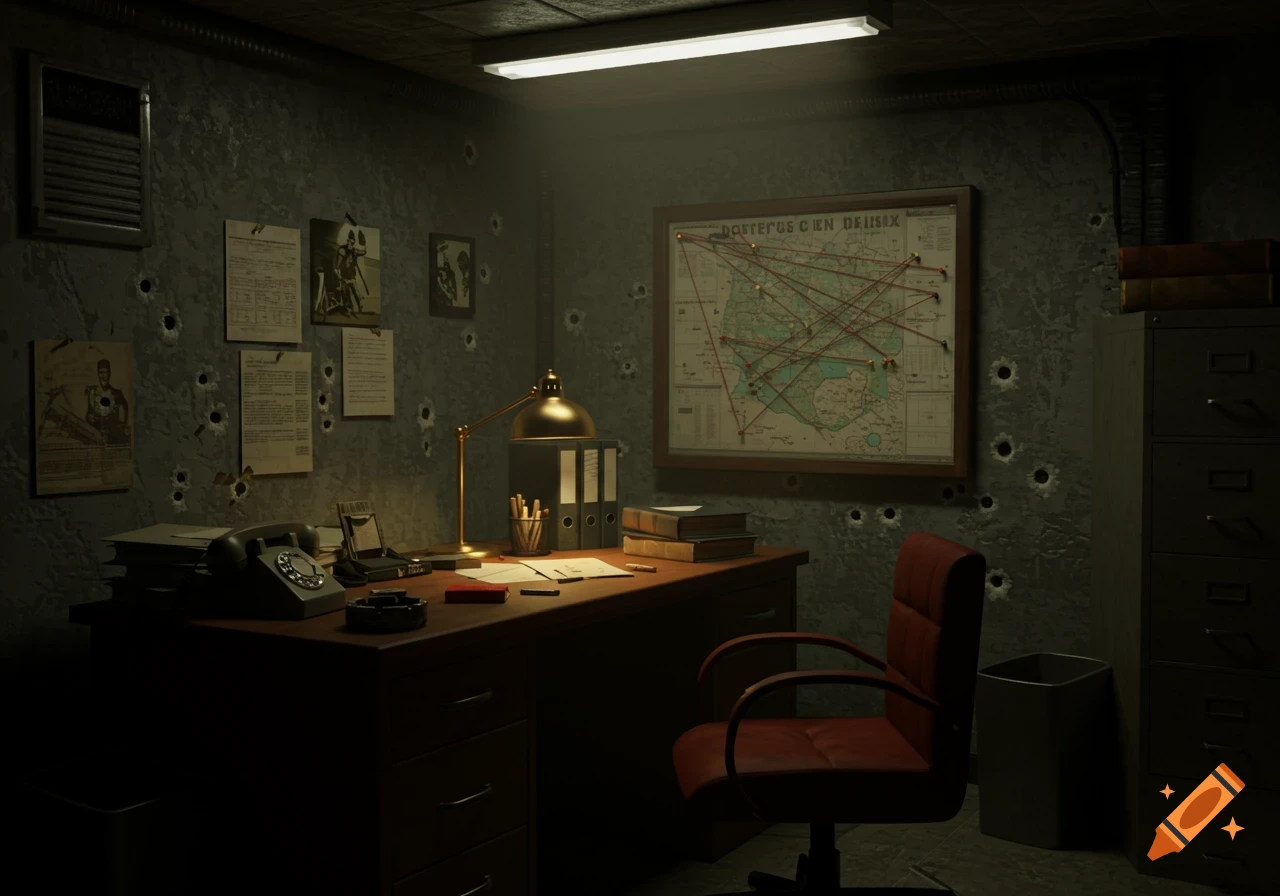 A dimly lit, gritty detective's office with a desk, old telephone, and a map covered in strings and pins on the bullet-holed wall.