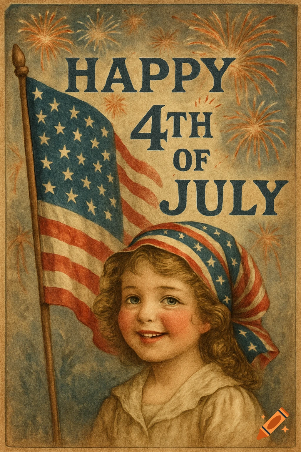 Vintage-style patriotic poster of a smiling girl with an American flag behind her and fireworks in the sky, with 'HAPPY 4TH OF JULY' text.