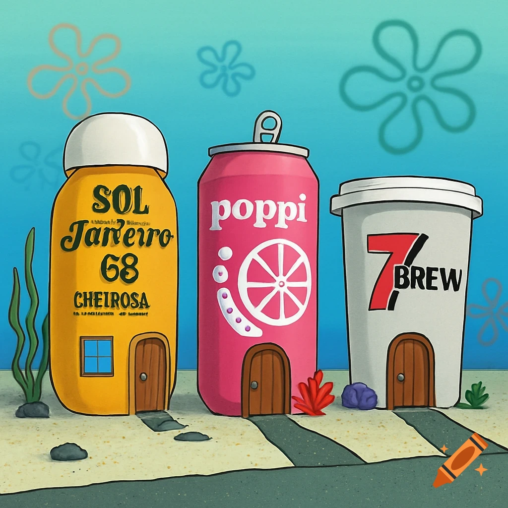 Cartoon houses shaped like a yellow bottle, pink soda can, and a white coffee cup, on the sandy ocean floor with a blue background and seaweed, in the style of SpongeBob SquarePants.