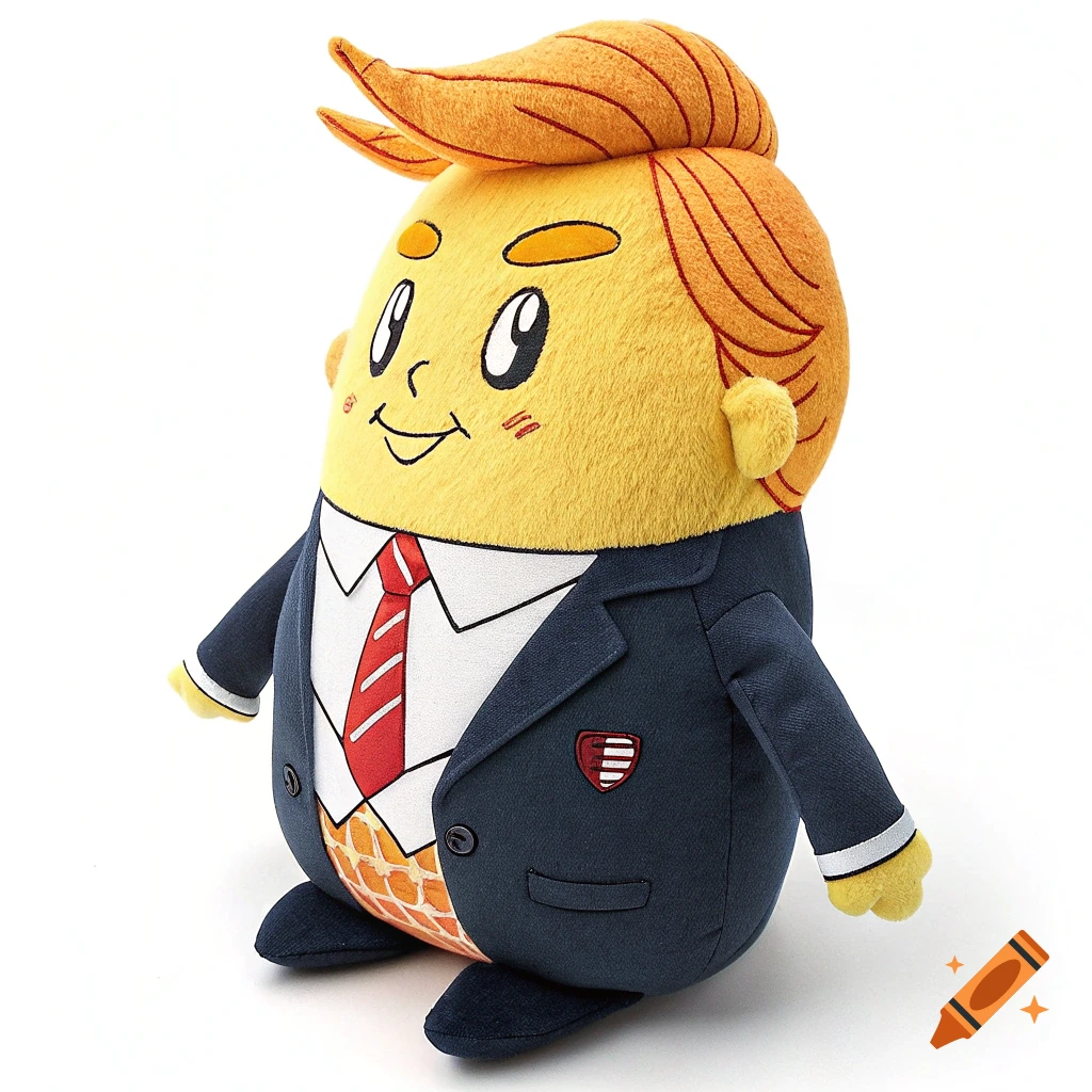 A cartoonish plush toy resembling Donald Trump, wearing a dark suit with a red tie and orange hair.