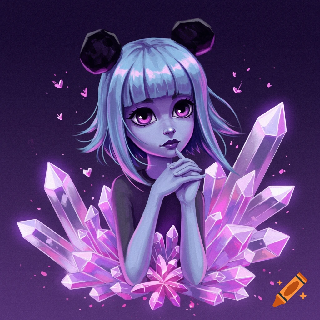Stylized portrait of a purple-skinned girl with light blue hair and large purple eyes, surrounded by glowing crystals and hearts.