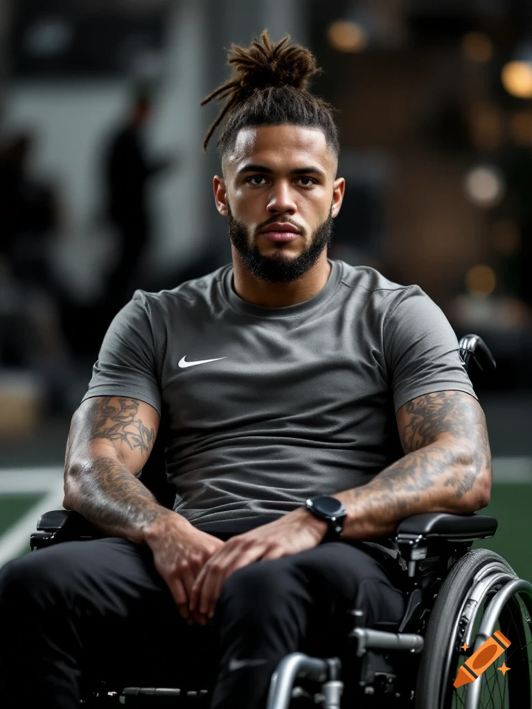 A man with dreadlocks and a beard, wearing a gray Nike t-shirt, sits in a wheelchair, looking forward.