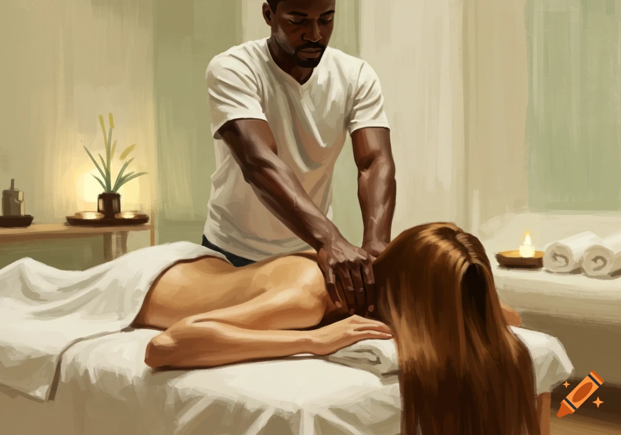 A Black man massages a woman's back in a tranquil spa setting, painted style.
