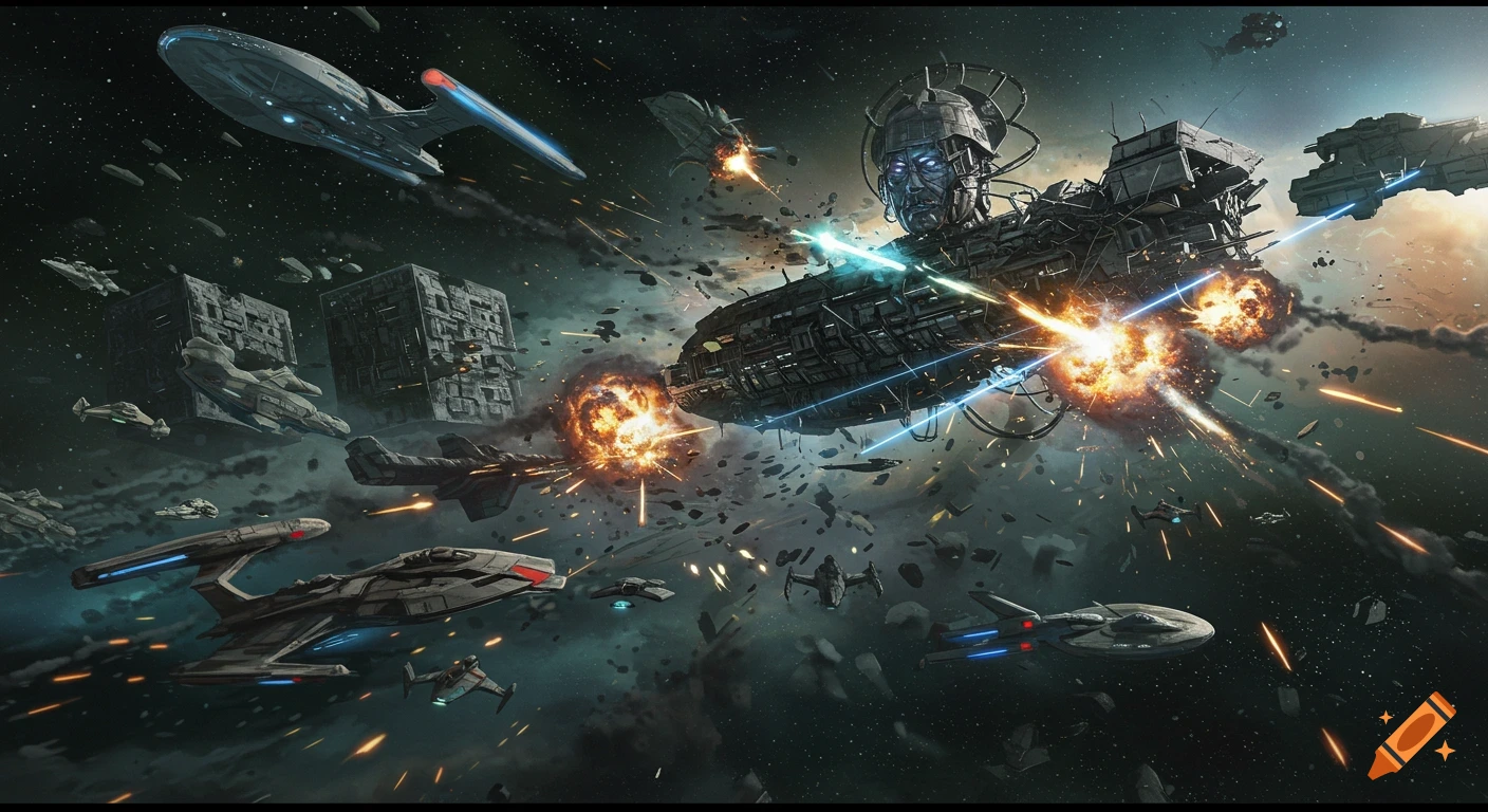 A detailed illustration of a massive space battle featuring Starfleet ships, Borg cubes, and a large Borg-like vessel amidst explosions and debris.