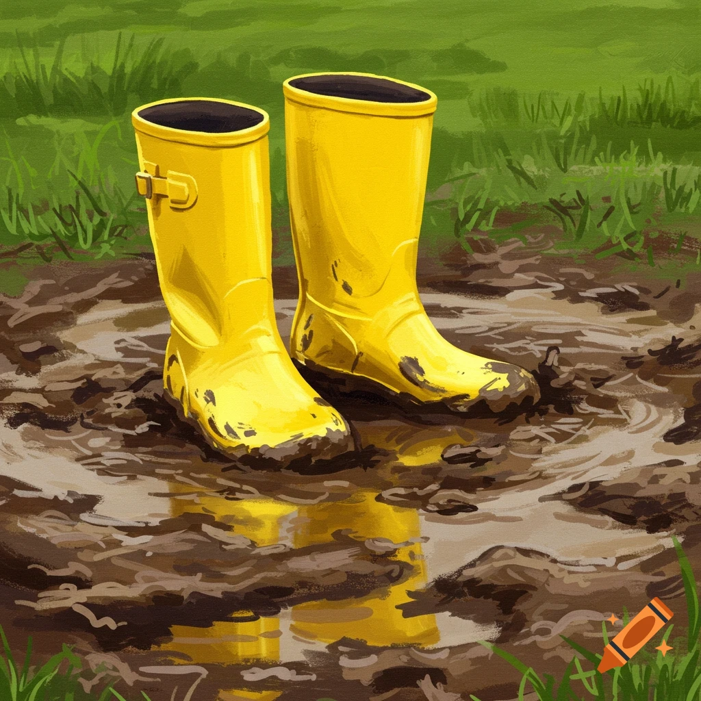 A pair of bright yellow wellington boots stands in deep brown mud, with green grass in the background, in a painterly style.