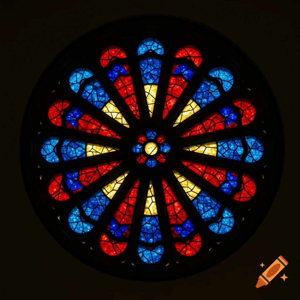 A colorful round stained glass window in red, blue, and yellow, designed in a symmetrical medallion style.