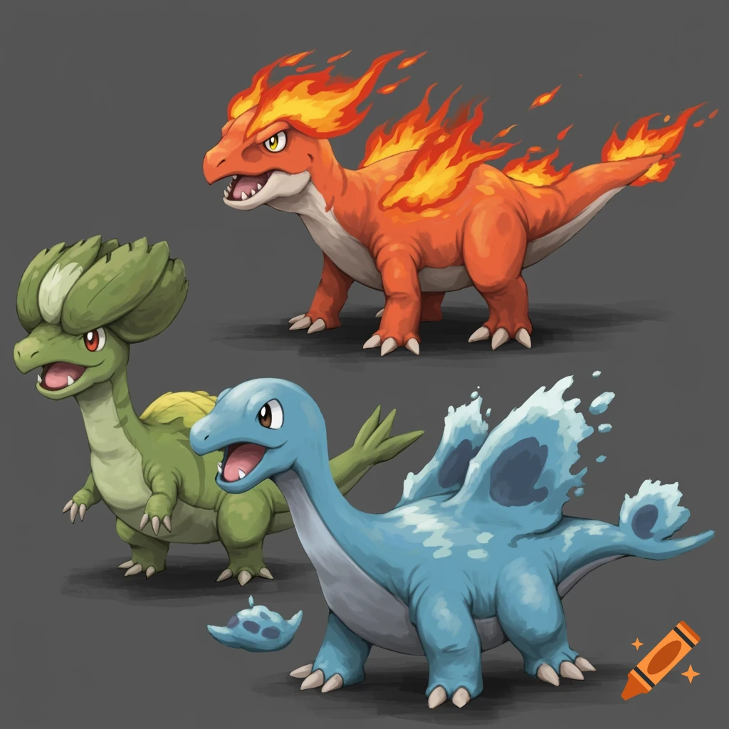 Three dinosaur-like creatures in a fantasy art style: a fiery orange one, a green one with a leafy head, and a blue water creature.