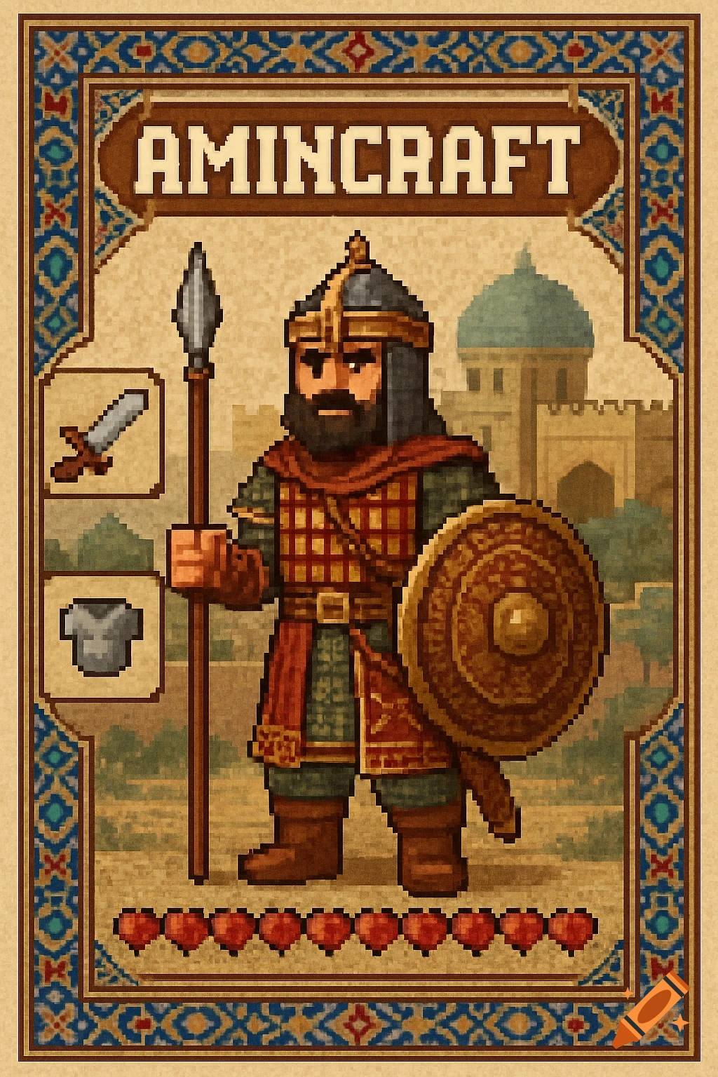 Pixel art of a medieval Persian warrior in UI design, holding a spear and shield, with "AMINCRAFT" at the top.