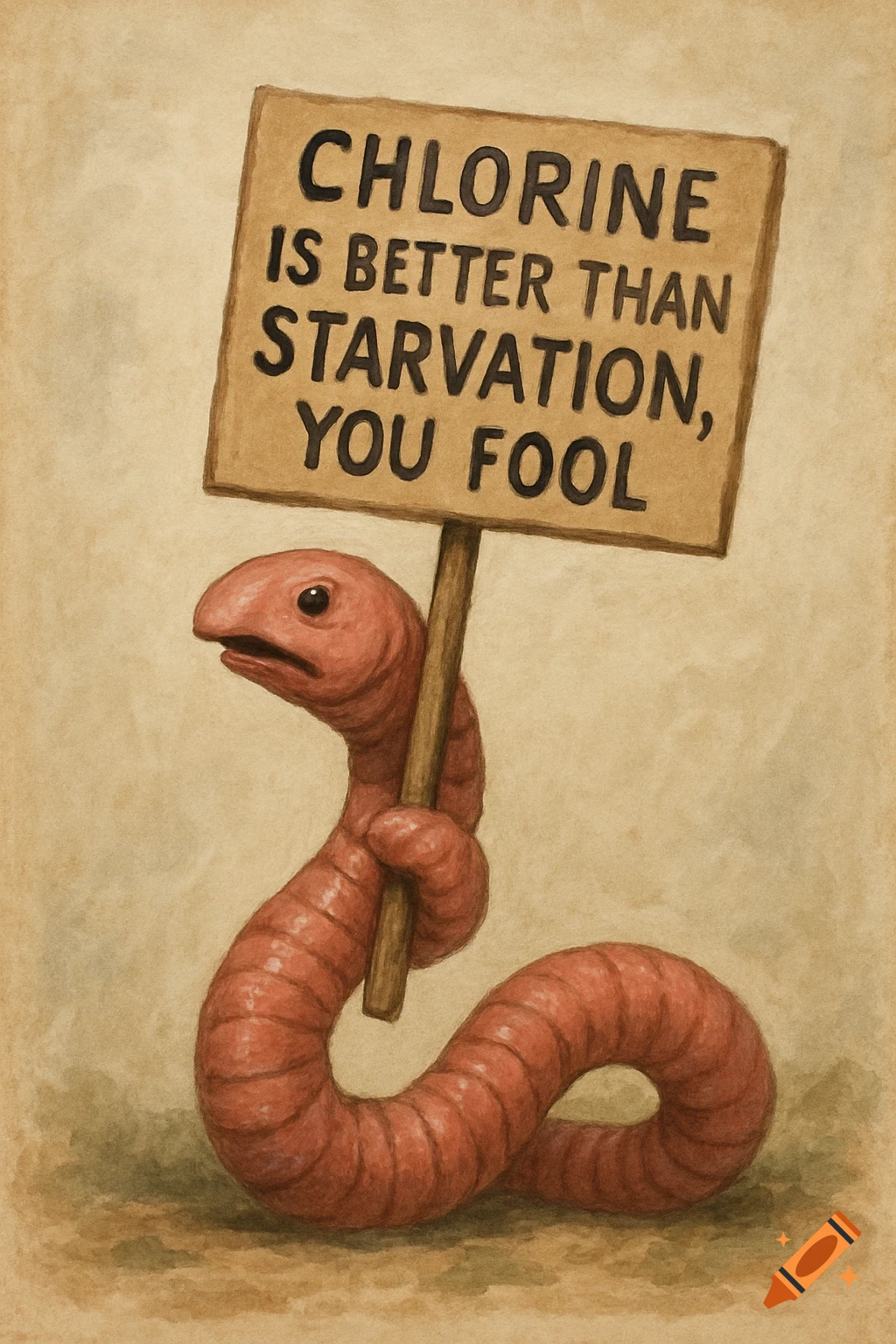 A reddish-brown worm holds a protest sign saying 'Chlorine is better ...