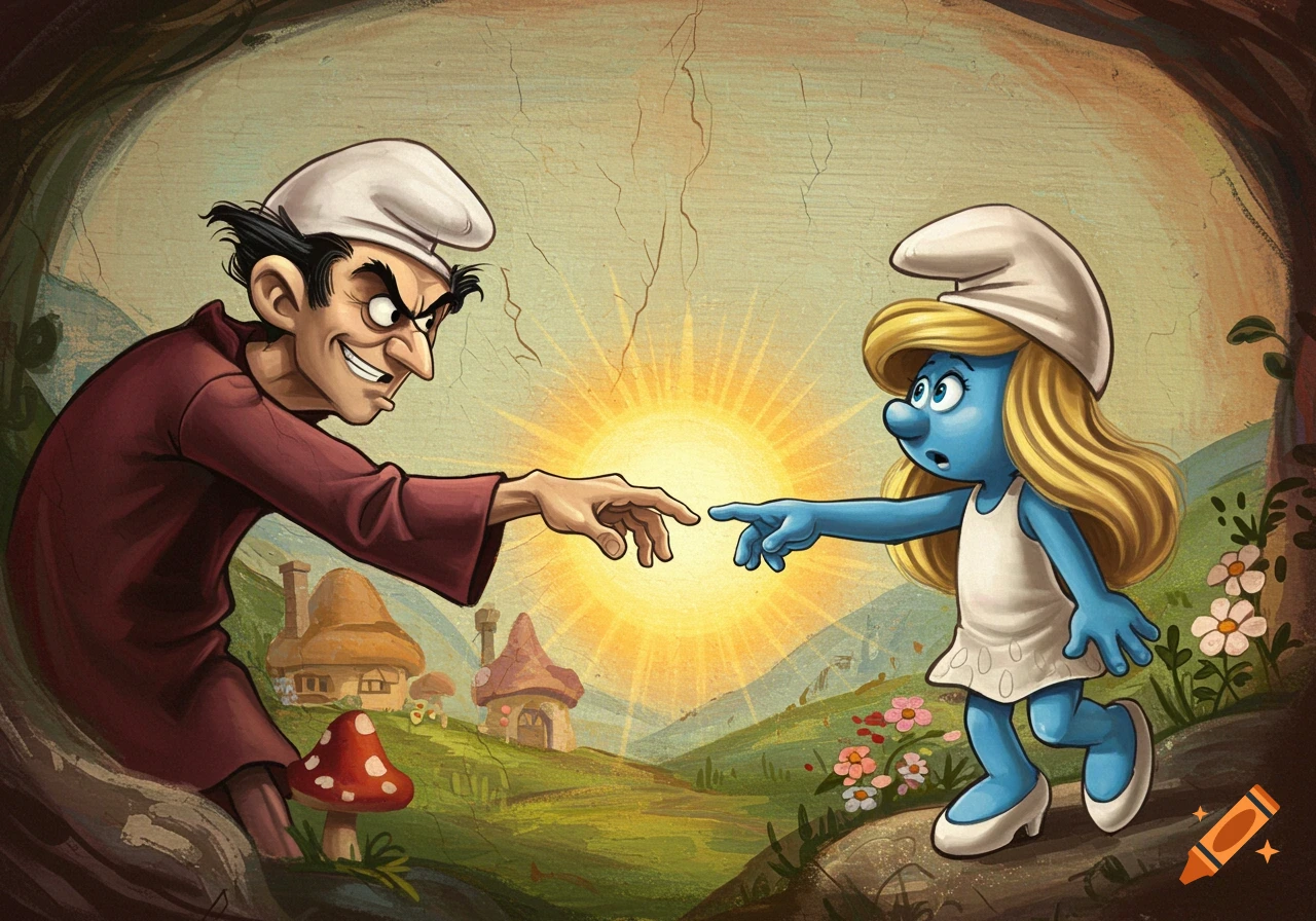 Gargamel and Smurfette mimic The Creation of Adam, reaching fingers towards each other over a bright sun in a whimsical, illustrated landscape with mushroom houses.