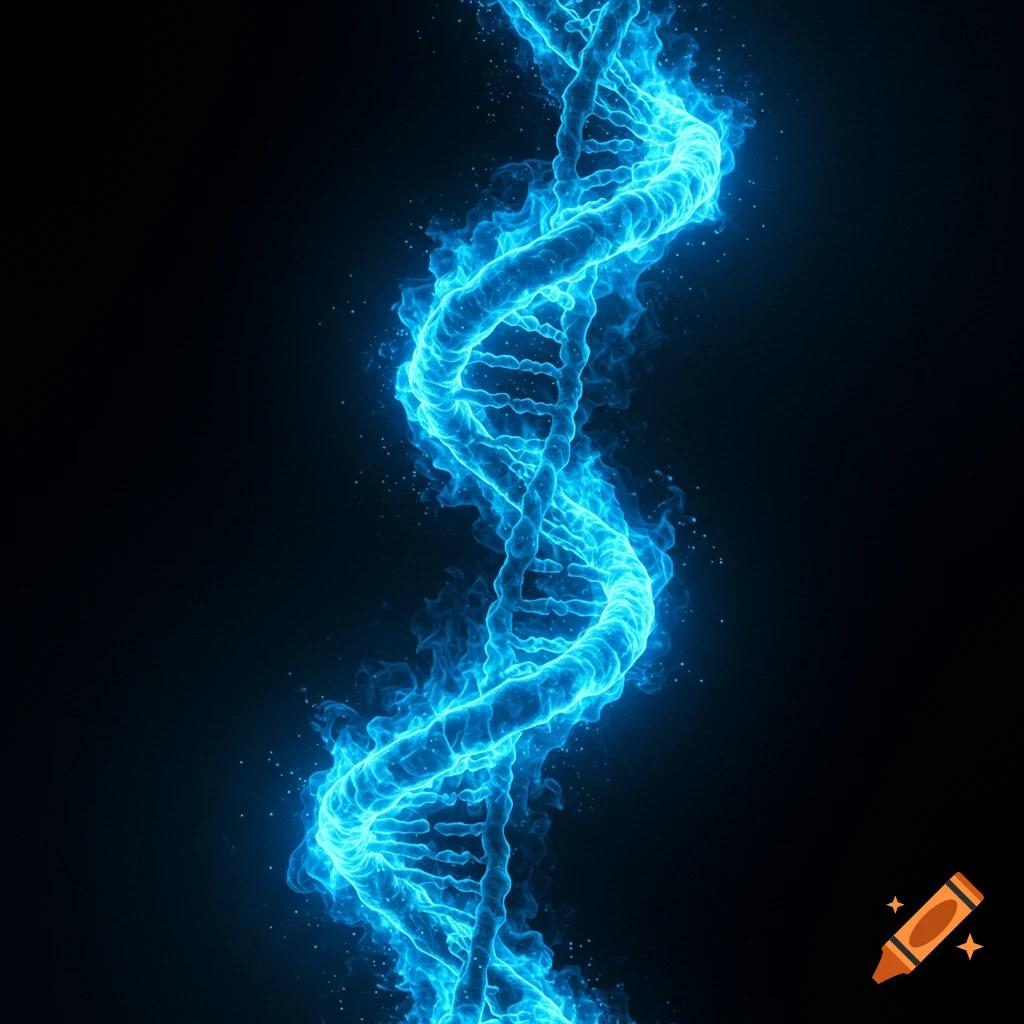 A vibrant blue glowing DNA double helix structure engulfed in flame-like energy against a dark black background.