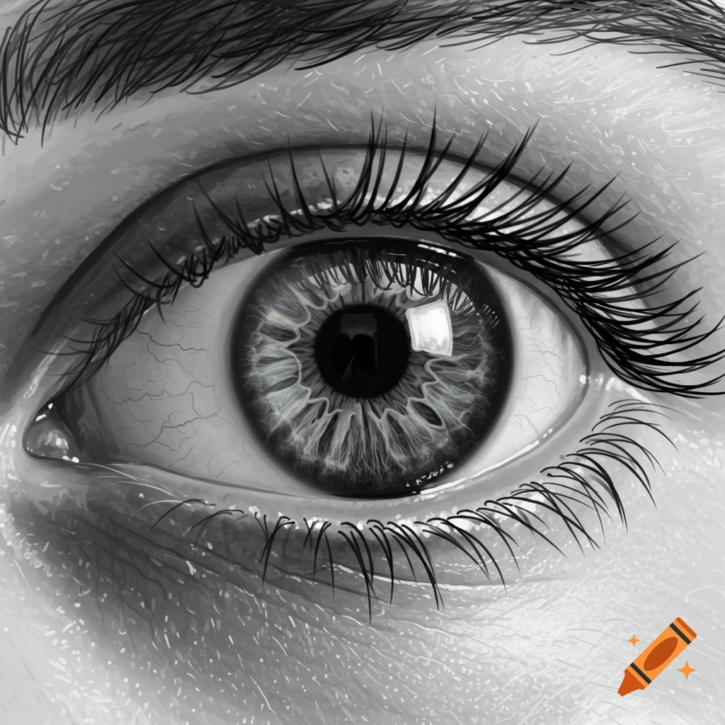 Detailed black and white close-up of a human eye with prominent eyelashes and iris texture.