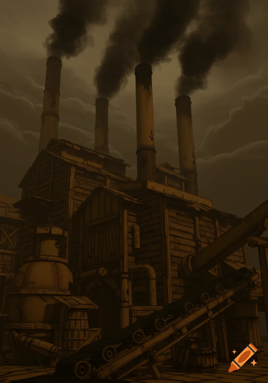 A dark, stylized industrial factory building with multiple smokestacks billowing black smoke against a cloudy, sepia-toned sky, in a cartoon style.
