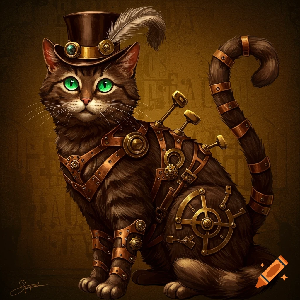 A brown steampunk cat wearing a top hat with a feather and elaborate brass armor, featuring bright green eyes.