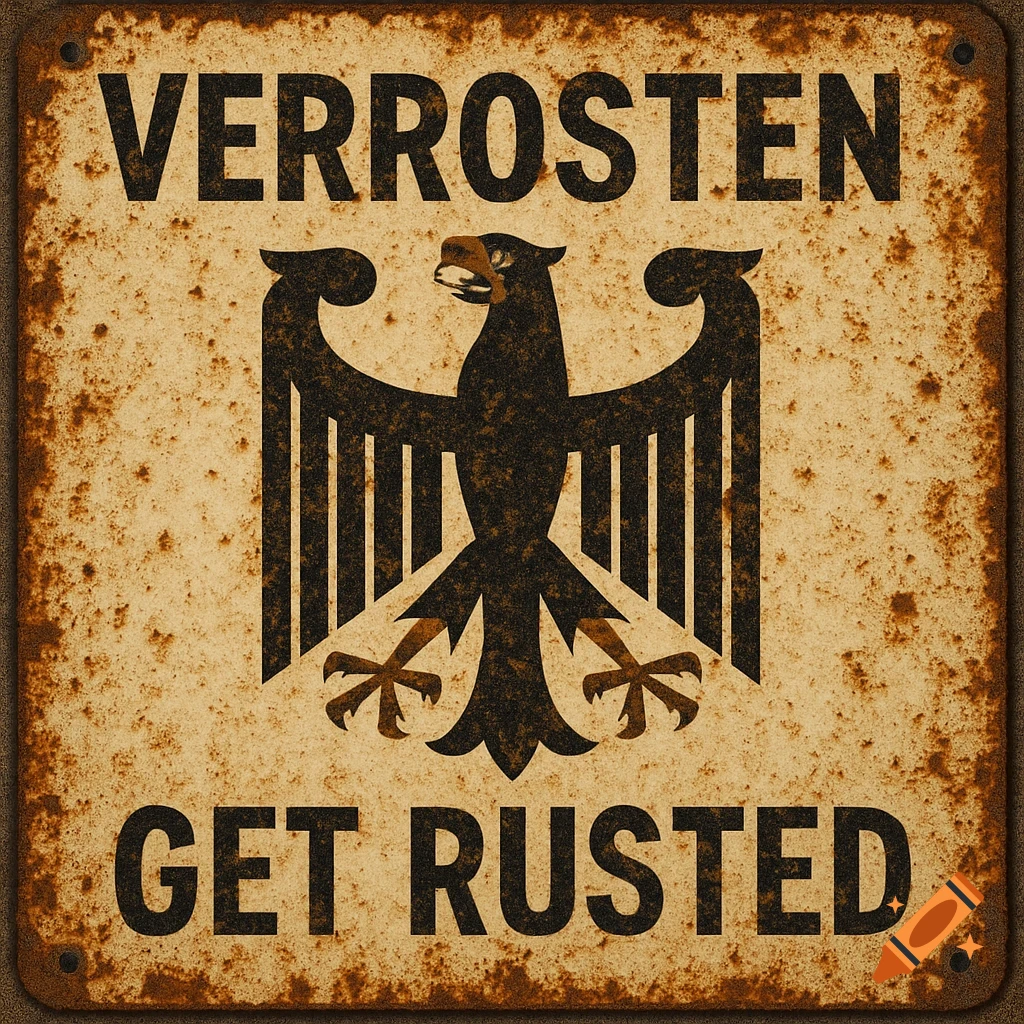A rusty metal sign featuring a black stylized eagle (German bird coat of arms) between the words "VERROSTEN" and "GET RUSTED".