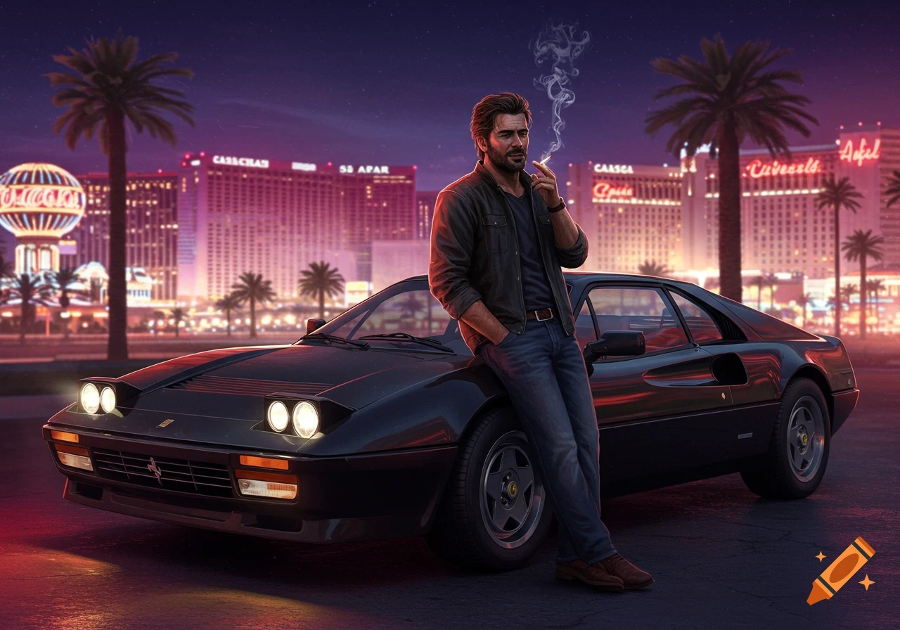 A man in a leather jacket leans on a black 1980s Ferrari, smoking a cigarette on a street in front of a neon-lit city at night.