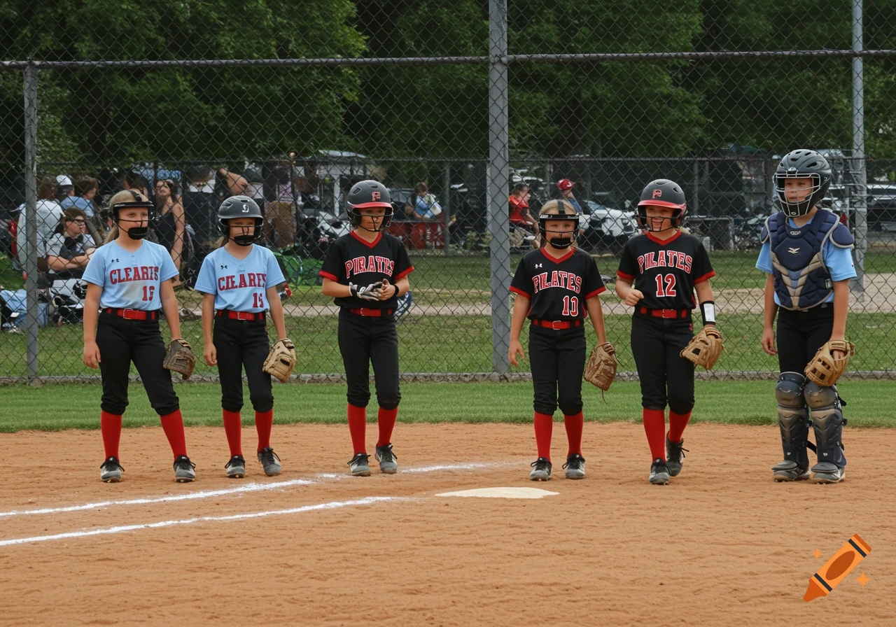 Young girls in softball uniforms stand on a dirt field during a game.